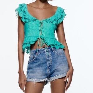 Zara Ruffle Turquoise Tie Top